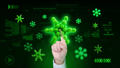 Close-up fingers touching green molecules on the screen, health related concepts.