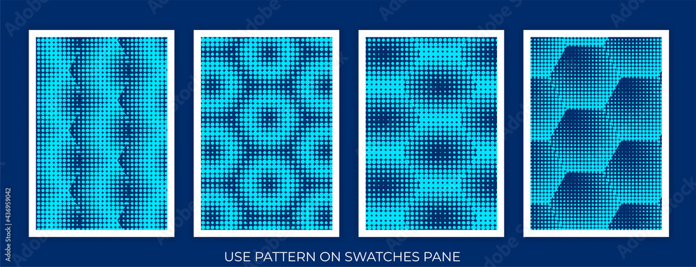 Poster collection of swatches memphis patterns, vector halftone gradient pattern made of dots with randomiz