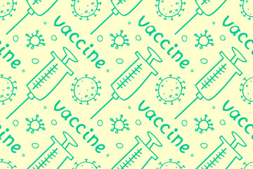 Vector seamless pattern on theme of vaccination. Contour molecules, coronavirus cells and a vaccine syringes. Medical background and texture in the Doodle style