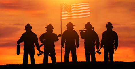 USA firefighter with nation flag. Greeting card for Firefighters Day , Patriot Day, Independence...