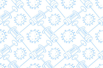 Vector seamless pattern on theme of vaccination. Contour molecules, coronavirus cells and a vaccine syringes. Medical background and texture in the Doodle style