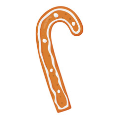 Gingerbread cane. Christmas cookies. Brown gingerbread with a white pattern.