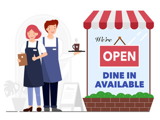 We are open sign for reopening business, dine in available after Covid19 pandemic. Waiter and waitress holding cup of hot coffee standing by cafe, coffee shop and restaurant. Flat vector illustration.
