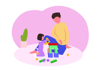 Father and child playing Toy Bricks - Graphic Illustration
