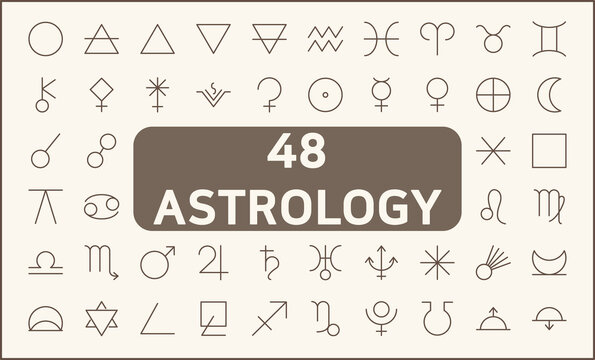 Set of 48 Astrology and zodiac sign line style. Contains such icons as planets, asteroids, earth, trine, square, ether, cancer, leo, virgo, libra, aspects and other elements. 