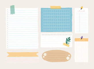 Cute memo template. A collection of striped notes, blank notebooks, and torn notes used in a diary or office.