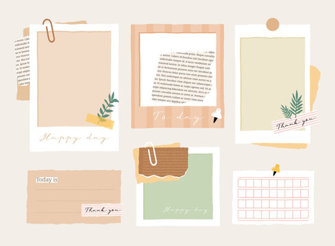 Cute memo template. A collection of striped notes, blank notebooks, and torn notes used in a diary or office.