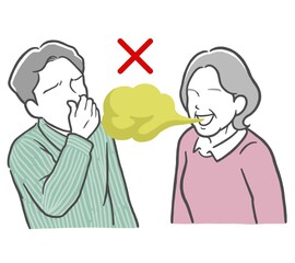 口臭がきつい中年女性と鼻をつまむ若い男性