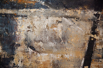 Abstract, grunge style artistic oil paint on canvas, black, beige and brown colors via brush and...
