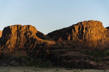 Last summer light of the evening on rugged landscape of the eastern Columbia River Gorge, Washington