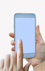 hand pushing a touch screen mobile phone