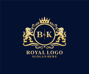 Initial BK Letter Lion Royal Luxury Logo template in vector art for Restaurant, Royalty, Boutique, Cafe, Hotel, Heraldic, Jewelry, Fashion and other vector illustration. - obrazy, fototapety, plakaty