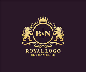 Initial BN Letter Lion Royal Luxury Logo template in vector art for Restaurant, Royalty, Boutique, Cafe, Hotel, Heraldic, Jewelry, Fashion and other vector illustration. - obrazy, fototapety, plakaty