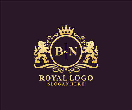 Initial BN Letter Lion Royal Luxury Logo template in vector art for Restaurant, Royalty, Boutique, Cafe, Hotel, Heraldic, Jewelry, Fashion and other vector illustration.