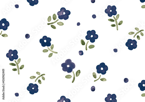 水彩 シンプルで可愛い青い花 パターン背景 Background Wall Mural Backgrou わたほこり