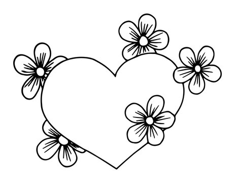 Heart decorated with flowers on a white background. A symbol of love and lovers.  Vector outline hand drawn illustration in doodle style.