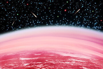 Cosmos landscape, red planet surface, dark black sky, bright shiny stars, flying comets, Mars horizon, celestial body, abstract alien galaxy, cosmic view, fantasy outer space illustration, universe