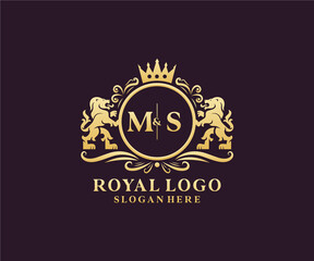 Initial MS Letter Lion Royal Luxury Logo template in vector art for Restaurant, Royalty, Boutique, Cafe, Hotel, Heraldic, Jewelry, Fashion and other vector illustration. - obrazy, fototapety, plakaty