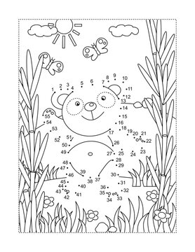 Cute little panda bear in a bamboo forest connect the dots full-page picture puzzle and coloring page 