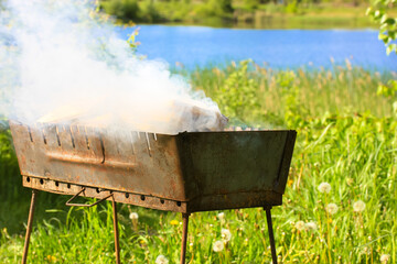 Smoking grill, brazier in the park outdoor cooking. Barbecue with smoke on a nature. Amazing...