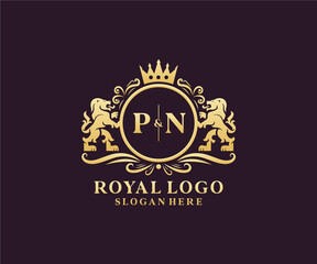 Initial PN Letter Lion Royal Luxury Logo template in vector art for Restaurant, Royalty, Boutique, Cafe, Hotel, Heraldic, Jewelry, Fashion and other vector illustration.