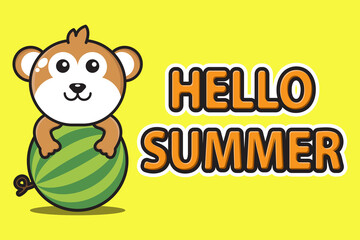 cute mascot monkey hugging watermelon with hello summer greeting banner