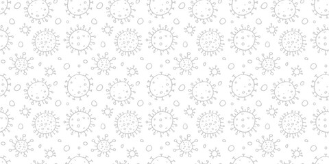 Seamless pattern of molecules, cells of virus, bacteria. Pandemic, epidemic covid-19. Concept of quarantine coronavirus, vaccination. Vector hand drawn background in outline doodle style isolated