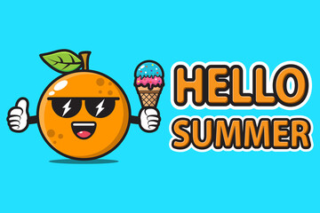 orange mascot wearing sunglasses and holding ice cream with hello summer greeting banner