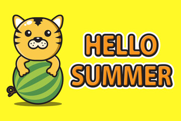 cute mascot tiger hugging watermelon with hello summer greeting banner