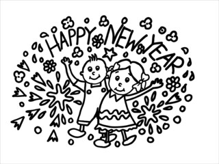 hand drawn icons happy new year coloring page, line art, boy and girl coloring page,