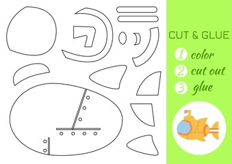 Color, cut and glue paper yellow submarine. Cut and paste craft activity page. Educational game for preschool children. DIY worksheet. Kids logic game, activities jigsaw. Vector stock illustration.