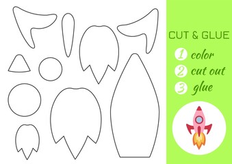 Color, cut and glue paper red rocket. Cut and paste craft activity page. Educational game for preschool children. DIY worksheet. Kids logic game, activities jigsaw. Vector stock illustration.