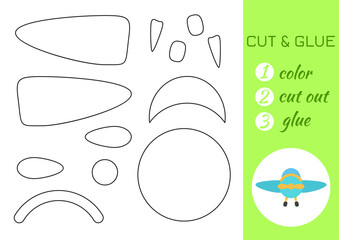 Color, cut and glue paper turquoise airplane. Cut and paste craft activity page. Educational game for preschool children. DIY worksheet. Kids logic game, activities jigsaw. Vector stock illustration.