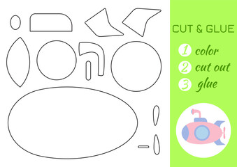 Color, cut and glue paper pink submarine. Cut and paste craft activity page. Educational game for preschool children. DIY worksheet. Kids logic game, activities jigsaw. Vector stock illustration.