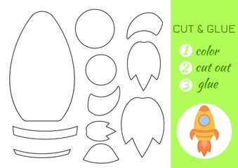 Color, cut and glue paper yellow rocket. Cut and paste craft activity page. Educational game for preschool children. DIY worksheet. Kids logic game, activities jigsaw. Vector stock illustration.
