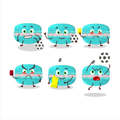 Blueberry macaron cartoon character working as a Football referee