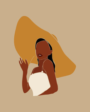 Vector Abstract Young African Woman Portraits With Black Hair In The Yellow Hat With A Wide Brim. Minimalistic Style With Beautiful, Confident Black Women. Vector Illustration