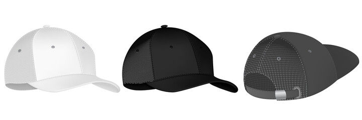 Front view set of realistic black, white and gray baseball cap or hat. Mockup and blank template of baseball cap. Isolated vector illustrations set. Design template, vector eps10 illustration.