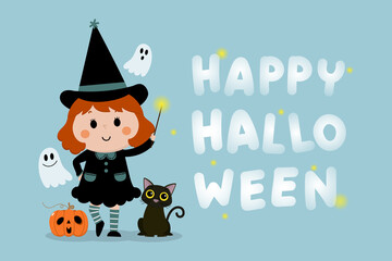 Happy halloween greeting card with cute witch, orange pumpkin and black cat. Holidays cartoon character vector