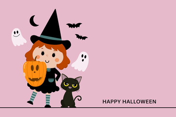 Happy halloween greeting card with cute witch, orange pumpkin and black cat. Holidays cartoon character vector