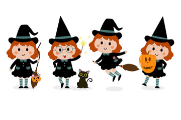 Happy halloween greeting card with cute witch, orange pumpkin and black cat. Holidays cartoon character vector