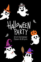 Happy halloween party invitation card with cute ghost and fancy hat. Holidays cartoon character. -Vector