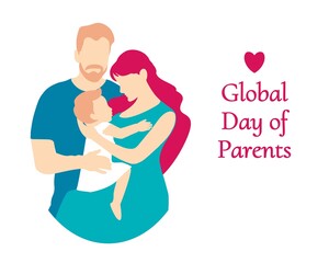 Card to the Global Day of Parents.
A man and a woman hug a child. Happy family with a baby girl. Loving parents. Vector art illustration. EPS10