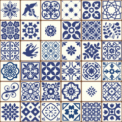 Blue Portuguese tiles pattern - Azulejos vector, fashion interior design tiles  - obrazy, fototapety, plakaty