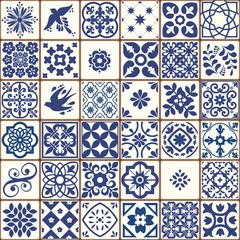 Afwasbaar behang Blauw Portugees tegelspatroon - Azulejos-vector, mode-interieurontwerptegels © Wiktoria Matynia