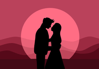 Silhouette of loving couple standing with romantic sunset on background. Falling in love concept.