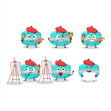 Artistic Artist of blueberry macaron cartoon character painting with a brush