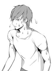 漫画風_暑くて汗をかく白シャツの男_縦