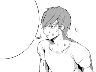 漫画風_暑くて汗をかく白シャツの男_横_吹き出し