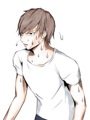 漫画風カラー_暑くて汗をかく白シャツの男_縦